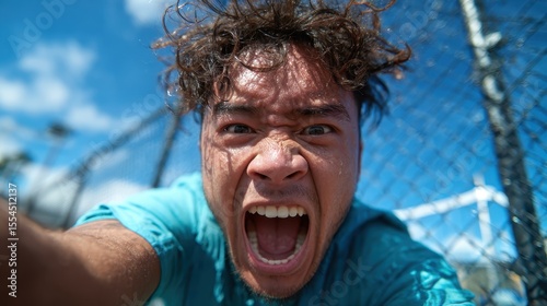 A man is expressing intense emotions while shouting passionately, showcasing enthusiasm and raw determination in an outdoor sports setting with a blue sky backdrop.