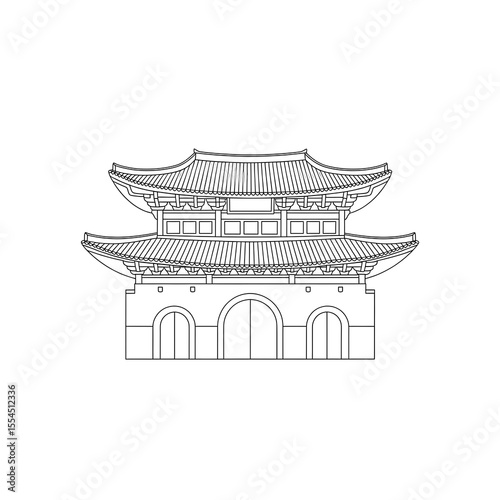 Traditional korean pavilion architecture line drawing isolated on transparent background