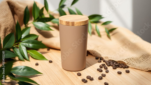 A matte-finish tumbler with a bamboo lid and neutral earth-tone body placed on a wooden surface with green leaves, jute fabric, and scattered coffee beans. 