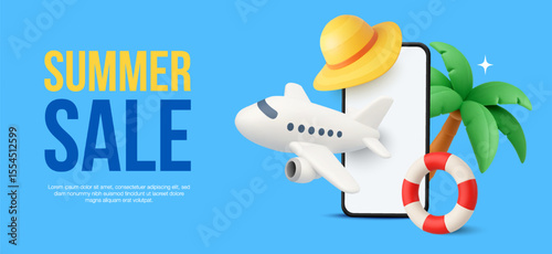 3d travel banner template with mobile phone, beach hat, umbrella and pool ball, airplane isolated on background. Summer sale background in 3d vector. Vector illustration
