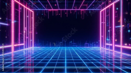 Retro neon background, colorful stars. Digital futuristic technology design. 4k video