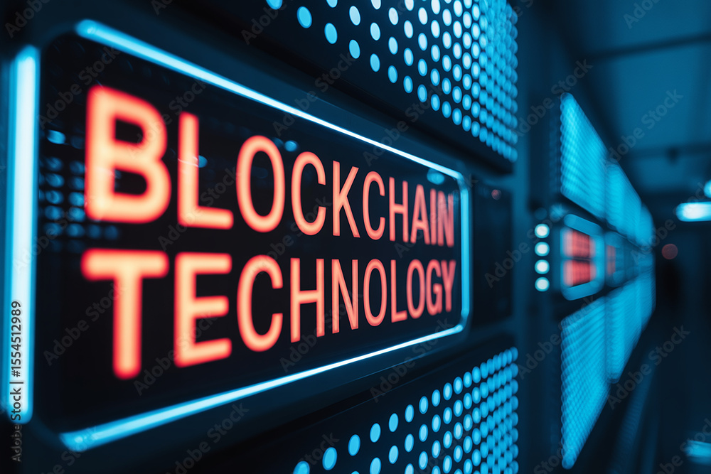 Fototapeta premium Illuminated blockchain technology sign on server racks digital network