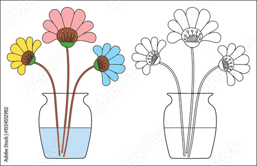 Colorful flowers in a vase with water and a black and white version of the same image beside it