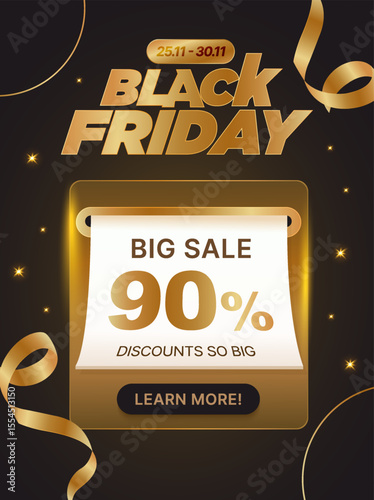 3d Black Friday sale banner template with coupon is being printed from a slot, isolated on dark background with golden ribbons. Black Friday popup discount banner with gift voucher in 3d vector