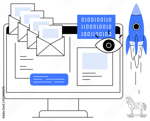 Computer screen with flying envelopes, digital binary code, an eye symbol, rocket, and Trojan horse. Ideal for cybersecurity, data protection, email security, malware online privacy technology