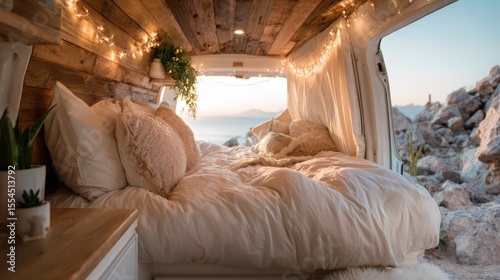 A beautifully arranged van interior featuring a cozy bed, warm fairy lights, and scenic views, perfect for inspiring travel adventurers with a unique, comfortable atmosphere.