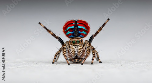 An extraordinary macro photograph of a male Peacock Spider (Maratus species) captured mid-performance during its spectacular courtship dance. 