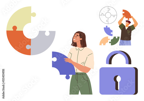 Group assembling colorful puzzle pieces connecting to lock symbol. Highlights problem-solving, creativity, and teamwork. Ideal for collaboration, security, compliance, inclusion, brainstorming