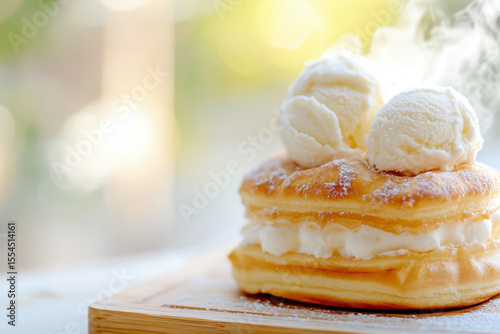 Turkish Künefe with Melting Vanilla Ice Cream and Rising Steam