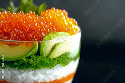 Fresh Sushi Bowl with Rice Fish Roe and Sliced Avocado in Glass