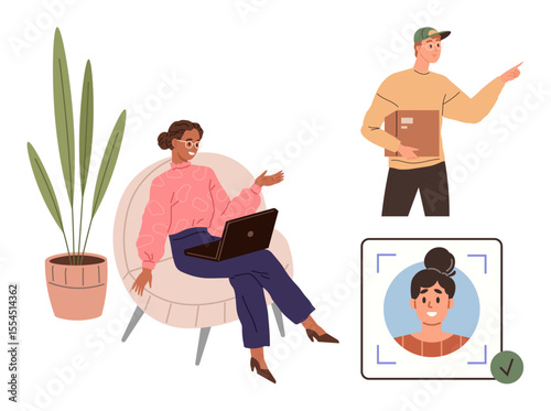 Woman working on laptop in armchair, man delivering package, biometric face verification interface. Ideal for remote work, ID security, workplace, delivery, technology, communication modern