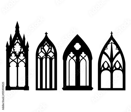 black silhouette Set  Medieval Church Windows on white background
