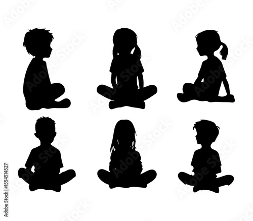 black silhouette Set Kids sitting on white background