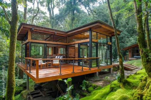 Modern wooden cabin nestled in lush forest with glass walls and wooden deck, surrounded by greenery and tranquility during daytime