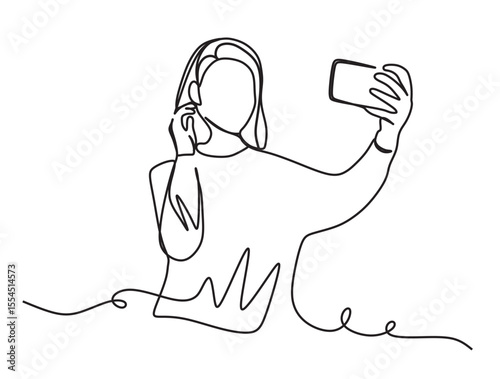 the art of a continuous line drawing of a woman taking a selfie. vector illustration of a woman taking a photo of herself