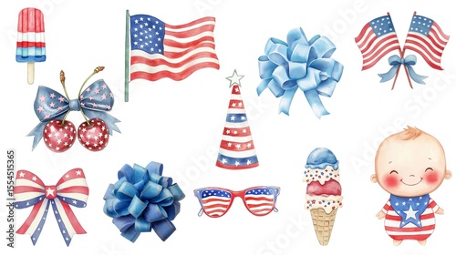 Radiant, patriotic illustrations evoke warm summer days, celebrating American independence with cheerful, whimsical details, perfect for festive designs.