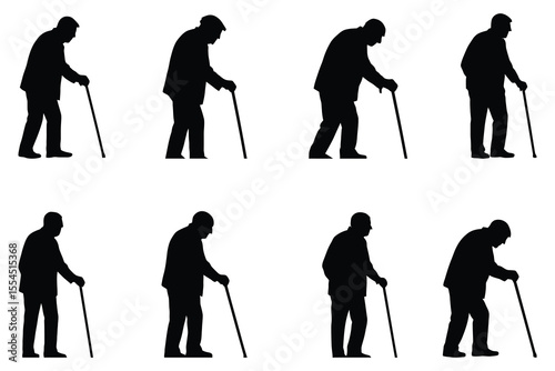 Silhouettes of an elderly man walking with a cane isolated on white background