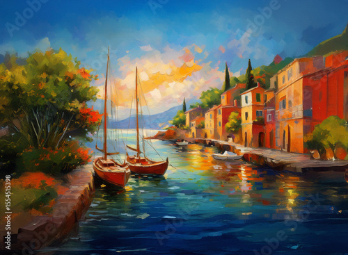 A scenic background of a waterfront town. Colorful buildings and boats are docked along the water under a bright sky with lush greenery.