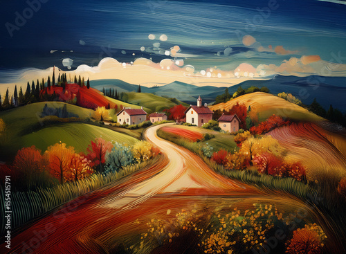 Scenic countryside with autumn trees and houses. Rolling hills and cloudy sky provide a beautiful background for this tranquil vista.