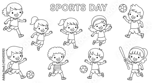 Cute cartoon children participating in sports day activities isolated on transparent background