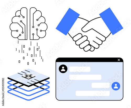 Artificial intelligence brain with binary code, a handshake symbolizing collaboration, interactive chat interface, and layered digital connectivity. Ideal for technology, innovation, AI