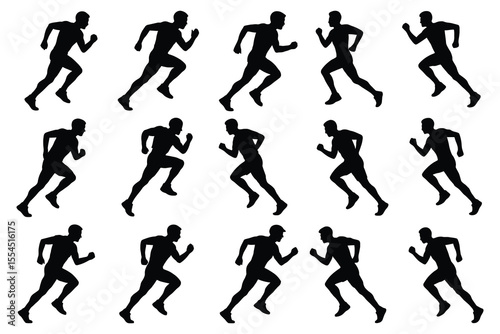 Sequence of runner silhouettes in motion isolated on white background