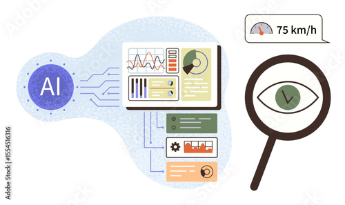 AI module analyzing data with dashboards, graphs, and speed metrics. Magnifying glass highlighting insights. Ideal for technology, analysis, innovation, automation, monitoring data visualization