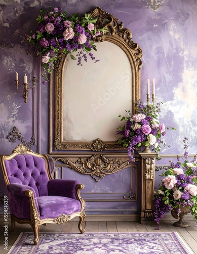 Elegant vintage room decorated in rich plum purple featuring a chair and an ornate mirror