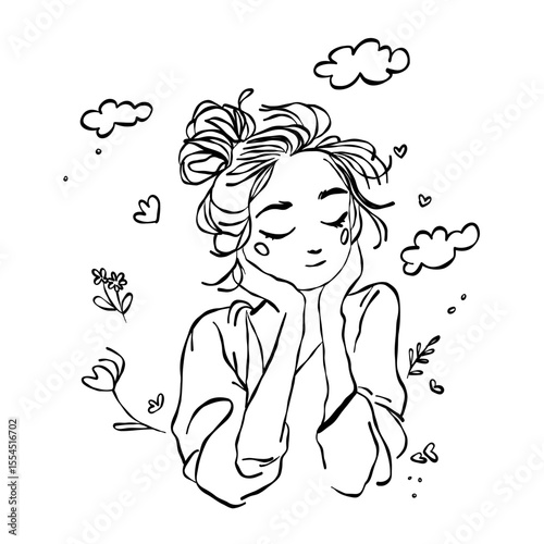 Calm Girl Breathing Deeply – Hand-Drawn Doodle Line Art