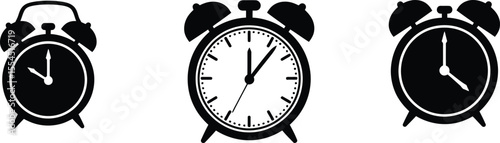 Black silhouette Alarm Clock Icons Set: Time, Wake Up, and Schedule


