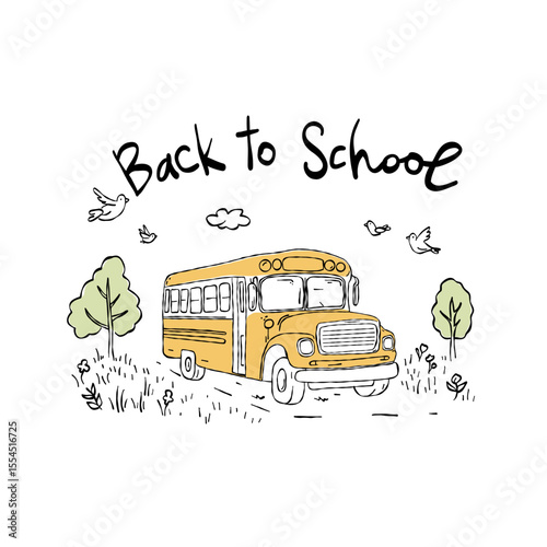 Yellow School Bus Scene – Hand Drawn Vector