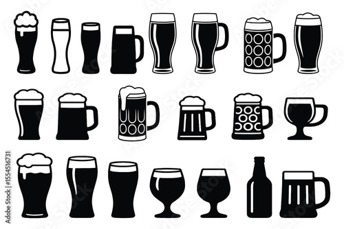 Collection of various beer glasses and bottles isolated on white background