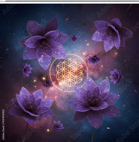 Cosmic Flowers Purple Blooms in a Celestial Nebula, Sacred Geometry Art