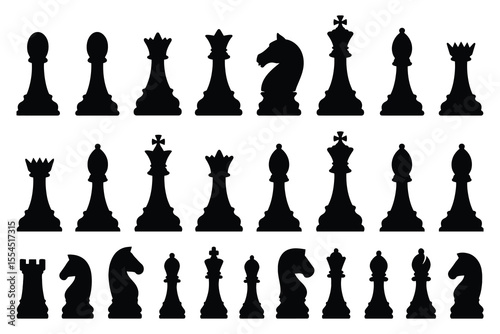 Collection of black chess pieces silhouettes isolated on white background