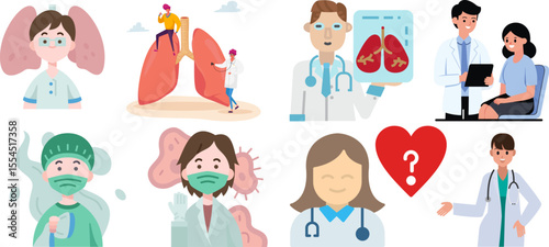 Cartoon vector illustration of doctor and nurse with lungs demonstration