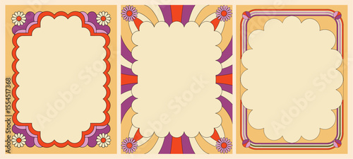 Set of retro frames with groovy flowers in mid Century modern color palette. Vector flat illustrations
