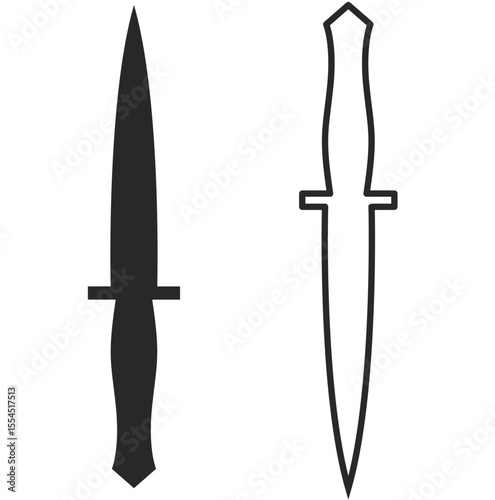 Two assault knives with a wide blade, combat tactical knife of an assaulter, line and silhouette in black.