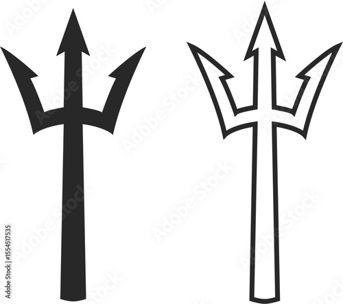 Two combat harpoons, symbol of special naval operations or naval special forces, Neptune weapon, harpoon icon line and silhouette in black colors..