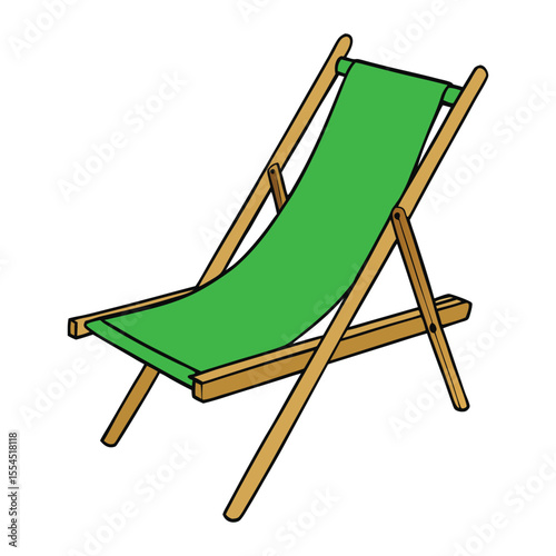 A green wooden deck chair with slatted seat and backrest, foldable for easy storage, perfect for relaxing on patios, gardens, or beaches with a fresh, natural look.
