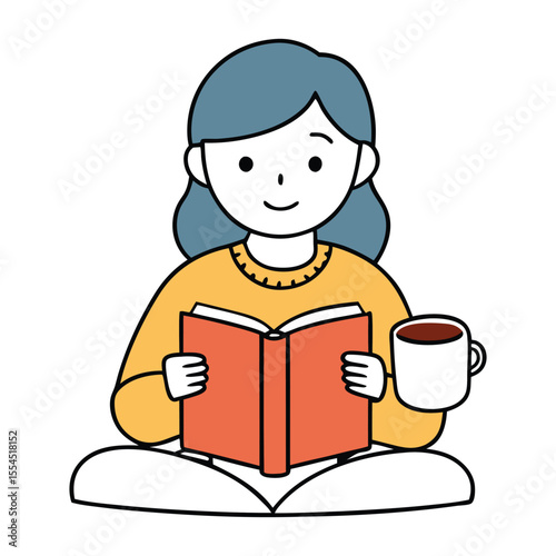 A girl sips her morning coffee while reading a book, enjoying a peaceful moment as sunlight filters in, creating a cozy, calm start to her day.
