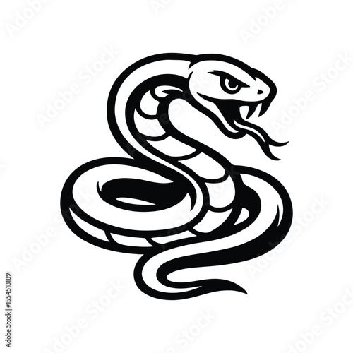 Aggressive Coiled Snake Illustration In Black And White With Fangs And Forked Tongue