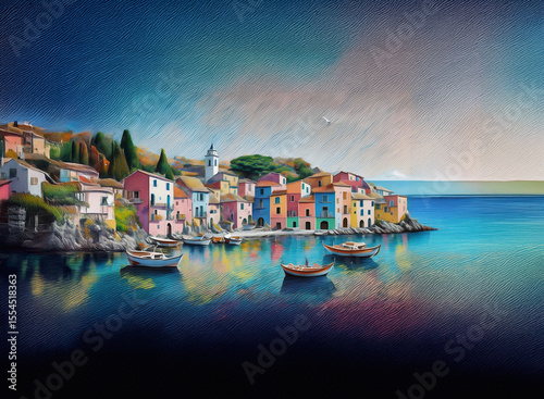 A scenic view of a vibrant coastal town with colorful buildings nestled on a hillside by calm water.  Boats float gently, reflecting the bright hues against a cloudy background.