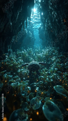 A turtle swimming in a cave filled with aquatic plants and a light source at the end of the cave