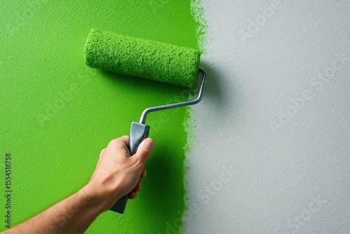 Bright Green Paint Roller Creates a vibrant contrast against a white wall, offering a simple and modern aesthetic perfect for renovation projects.