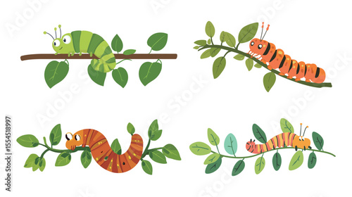 Vector illustration of a caterpillar eating leaves, featuring a segmented green insect chewing on foliage, representing growth, transformation, and nature’s life cycle, ideal for educational materials