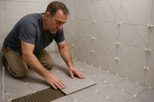 Tiler carefully placing ceramic tiles on a bathroom floor, utilizing tile spacers for precise alignment during renovation work