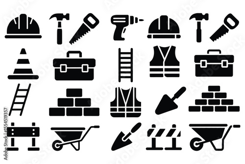 Collection of construction and building tools and safety equipment icons isolated on white background