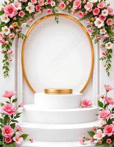 create an illustration of a white and golden podium adorned with flowers on top, positioned to showcase a product in a clear and prominent manner