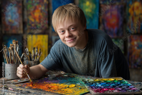 teenage boy with Down syndrome, smiles brightly, engrossed in their creative process, surrounded by brushes and vibrant artwork. Capturing the spirit of artistic expression.