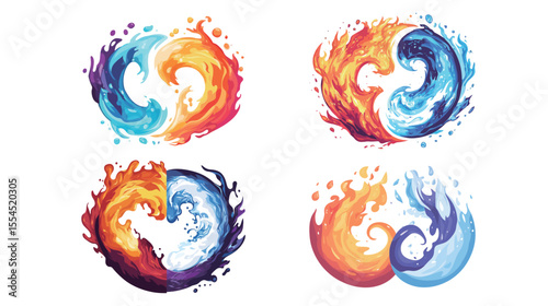 2D flat illustration of fire and water elements combined in a balanced design, featuring vibrant flames and flowing water waves with clean lines and bold colors, ideal for environmental themes, energy